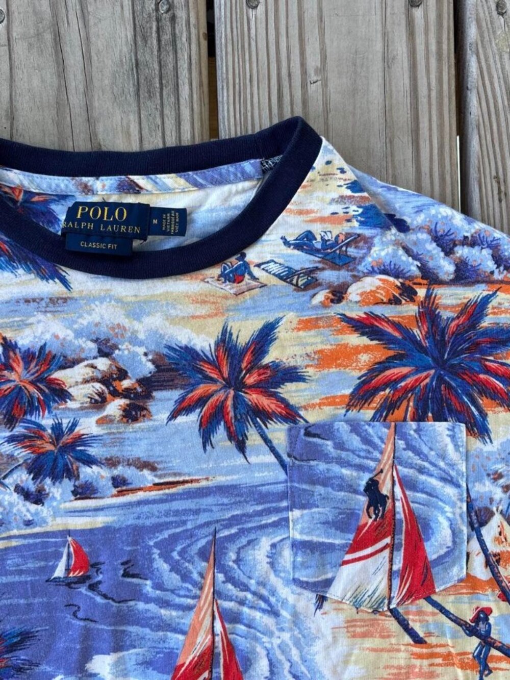 Polo Ralph Lauren Hawaiian Tee Shirt Palm Trees Blue Medium